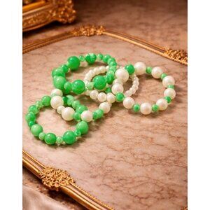 Vintage Green Lucite Beaded Stretch Bracelet Stack Faux Pearl Costume Lot